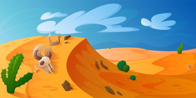 Free Vector desert dune with golden sand animal skull cacti