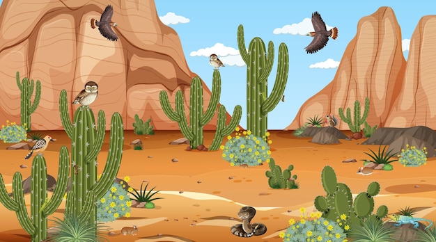 Desert forest landscape at daytime scene with desert animals and plants