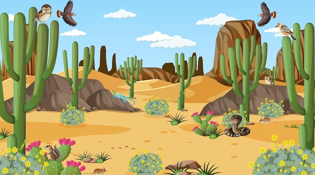 Free Vector desert forest landscape at daytime scene with desert animals and plants