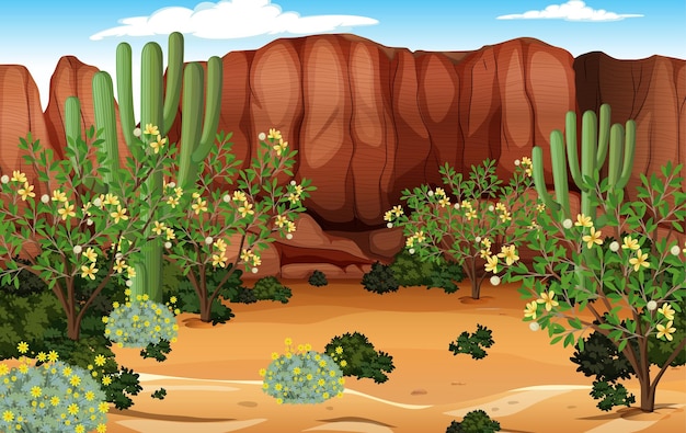 Free Vector desert forest landscape at daytime scene with many cactuses