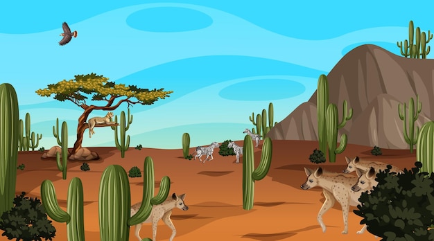 Desert forest landscape at daytime scene with willd animals