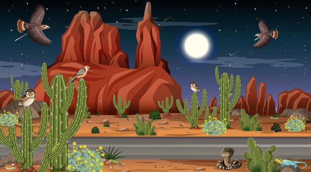 Desert forest landscape at night scene with desert animals and plants