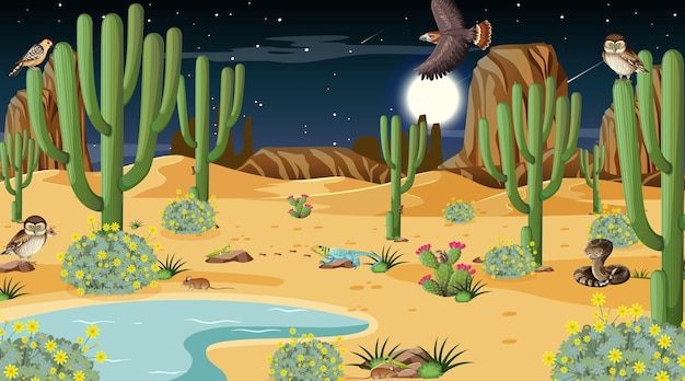 Desert forest landscape at night scene with desert animals and plants