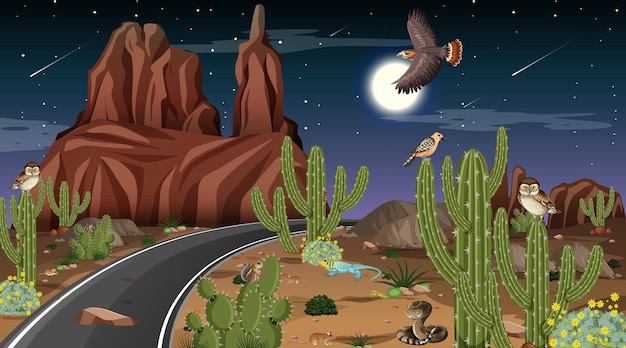 Free Vector desert forest landscape at night scene with desert animals and plants