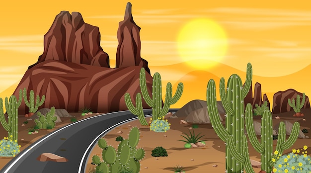 Free Vector desert forest landscape at night scene with long road