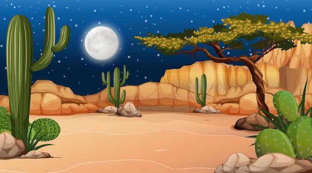 Free Vector desert forest landscape at night scene with many cactus