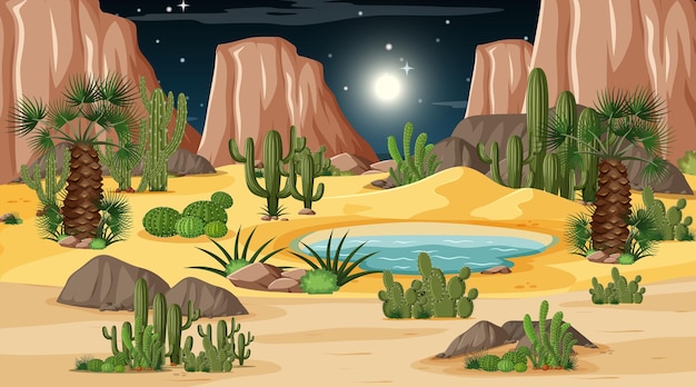 Desert forest landscape at night scene with oasis