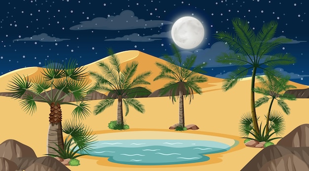 Free Vector desert forest landscape at night scene with small oasis