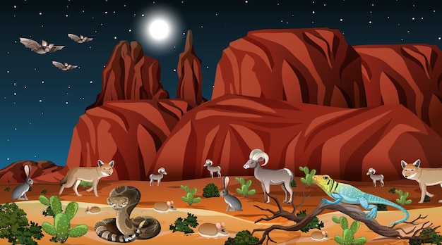 Desert forest landscape at night scene with wild animals