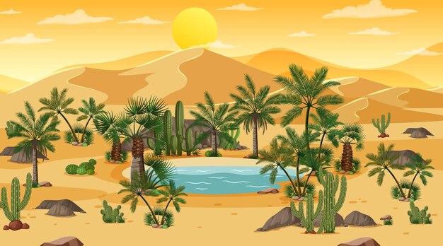 Desert forest landscape at sunset scene with oasis