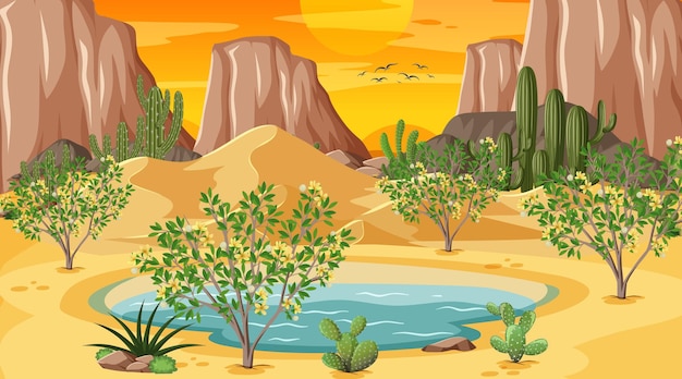 Free Vector desert forest landscape at sunset scene with oasis