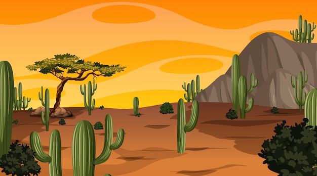 Free Vector desert forest landscape at sunset time scene with many cactuses