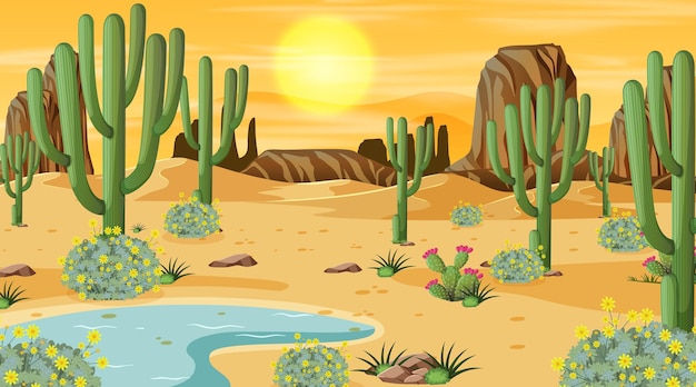 Free Vector desert forest landscape at sunset time scene with oasis