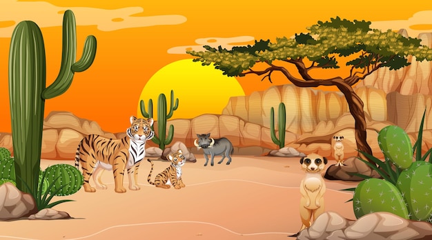 Desert forest landscape at sunset time scene with wild animals