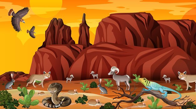 Desert forest landscape at sunset time scene with wild animals