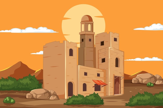 Free Vector desert fortress at sunset illustration