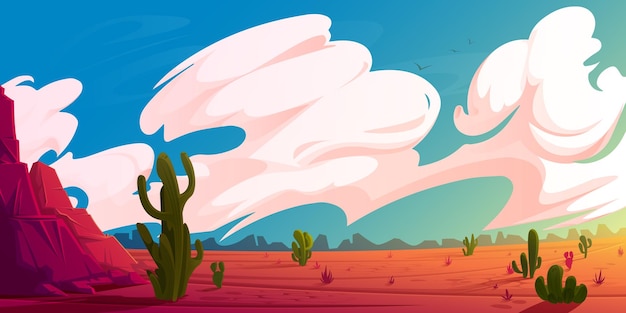 Free vector desert landscape with mountains cactuses and red dry ground at sunrise vector cartoon illustration of hot american or mexican desert with rocks plants saguaro and clouds in sky