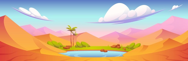 Desert landscape with oasis with palm trees lake