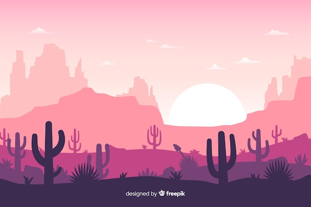 Free Vector desert landscape with pink sky and sun