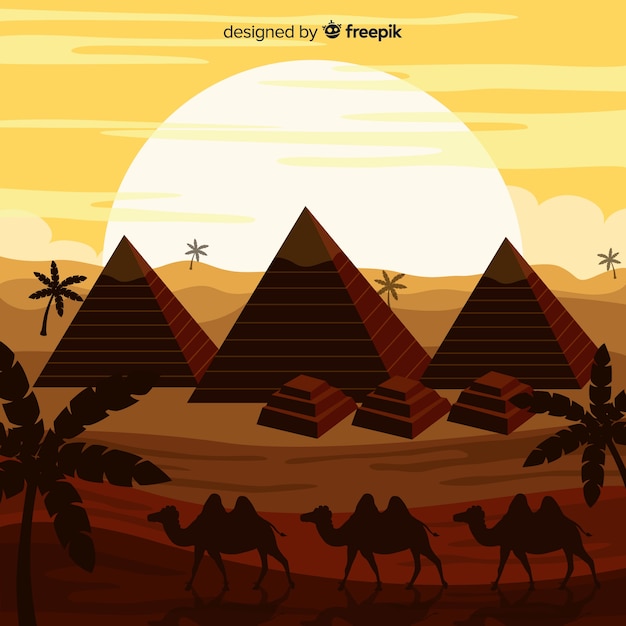 Free Vector desert landscape with pyramids and caravan