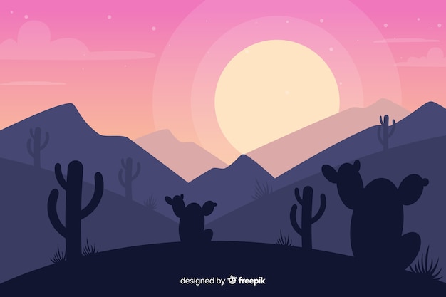 Free vector desert landscape with sunset and cactus