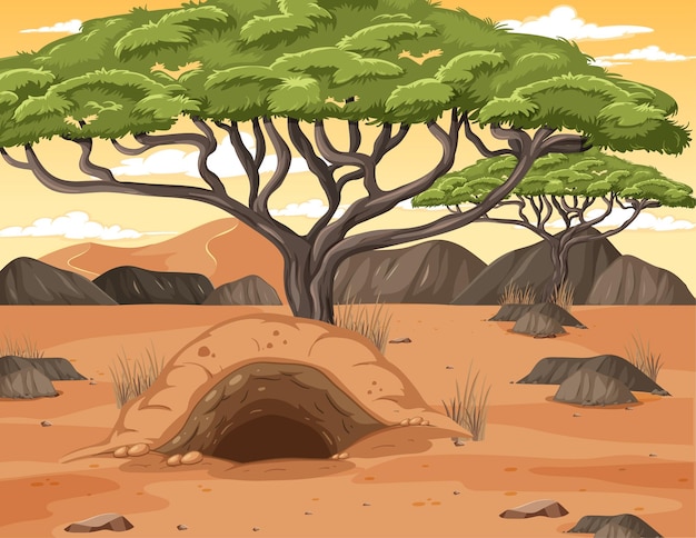 Desert landscape with trees and animals burrow