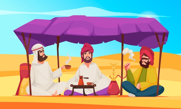 Free Vector desert life cartoon scene with people in traditional clothes drinking coffee and smoking hookah vector illustration