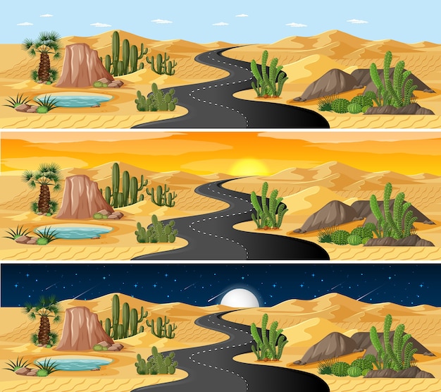 Free Vector desert nature landscape scene at different times of day