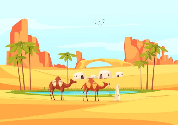 Free Vector desert oasis camels composition