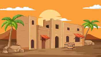 Free vector desert oasis town at sunset