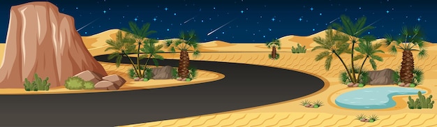 Free Vector desert oasis with long road landscape at night scene