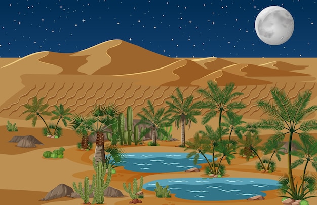 Free vector desert oasis with palms and cactus nature landscape at night scene