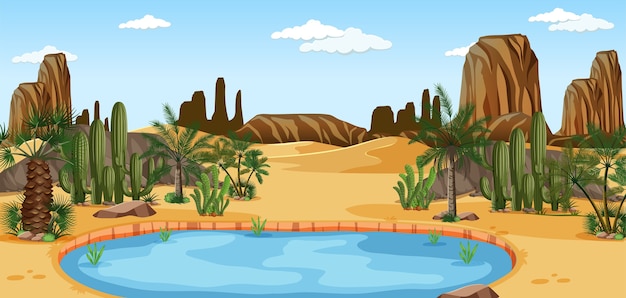 Free Vector desert oasis with palms and cactus nature landscape scene