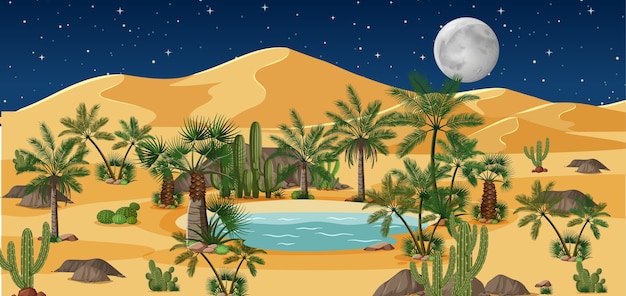 Desert oasis with palms and catus nature landscape at night scene