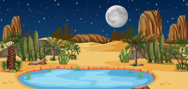 Free Vector desert oasis with palms and catus nature landscape at night scene