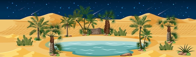 Free Vector desert oasis with palms and catus nature landscape at night scene