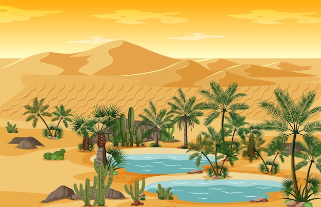 Desert oasis with palms and catus nature landscape scene