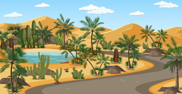 Free vector desert oasis with palms and road nature landscape scene