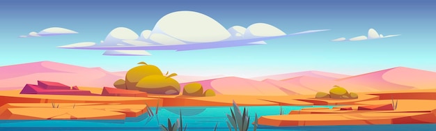 Free vector desert oasis with river, sand dunes and plants cartoon landscape. vector parallax background for game with sandy hills, stones and water pond under cloudy sky. deserted sahara nature panoramic scene