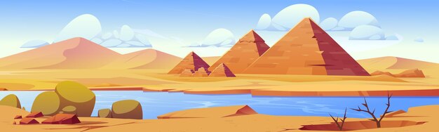 Desert river landscape with yellow sand stone egyptian pyramides vector cartoon scenic background Oasis with lake water in dry african Sahara cracked ground with dusty green plants sunny blue sky