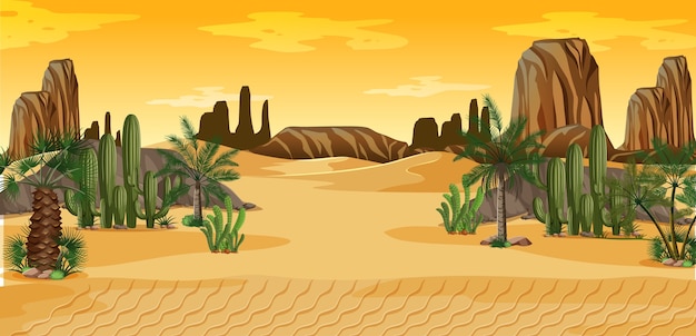 Free Vector desert with palms and cactus nature landscape scene