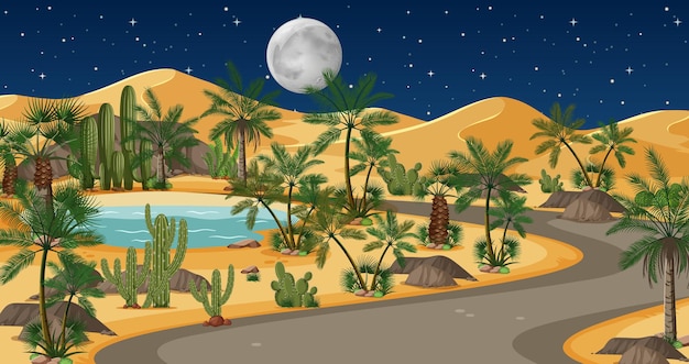 Desert with road and palms and catus nature landscape at night scene