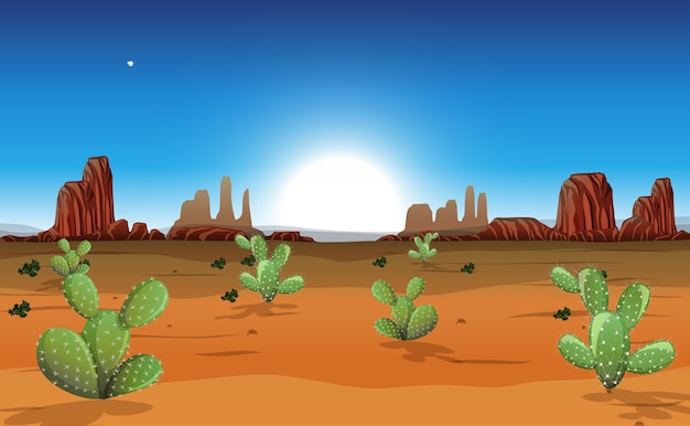 Free Vector desert with rock mountains and cactus landscape at day time scene