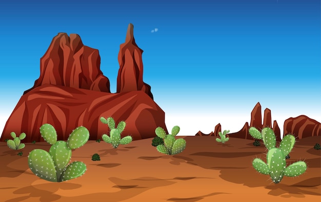 Free Vector desert with rock mountains and cactus landscape at day time scene