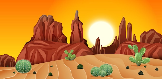 Desert with rock mountains and cactus landscape at sunset scene