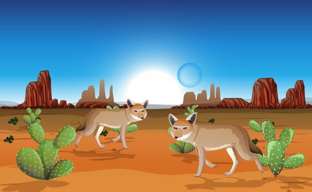 Desert with rock mountains and coyote landscape at day scene