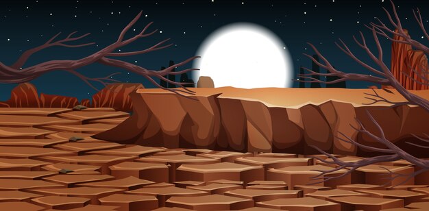 Desert with rock mountains landscape at night scene