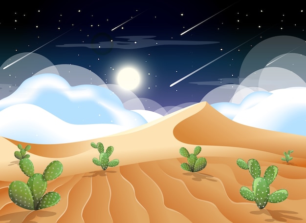 Free vector desert with sand mountains and cactus landscape at night scene