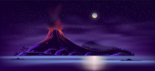 Deserted island with active volcano cartoon