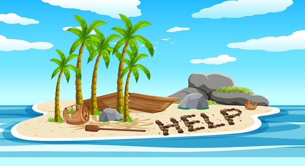 Free Vector deserted island with broken boat lying on the beach with help si